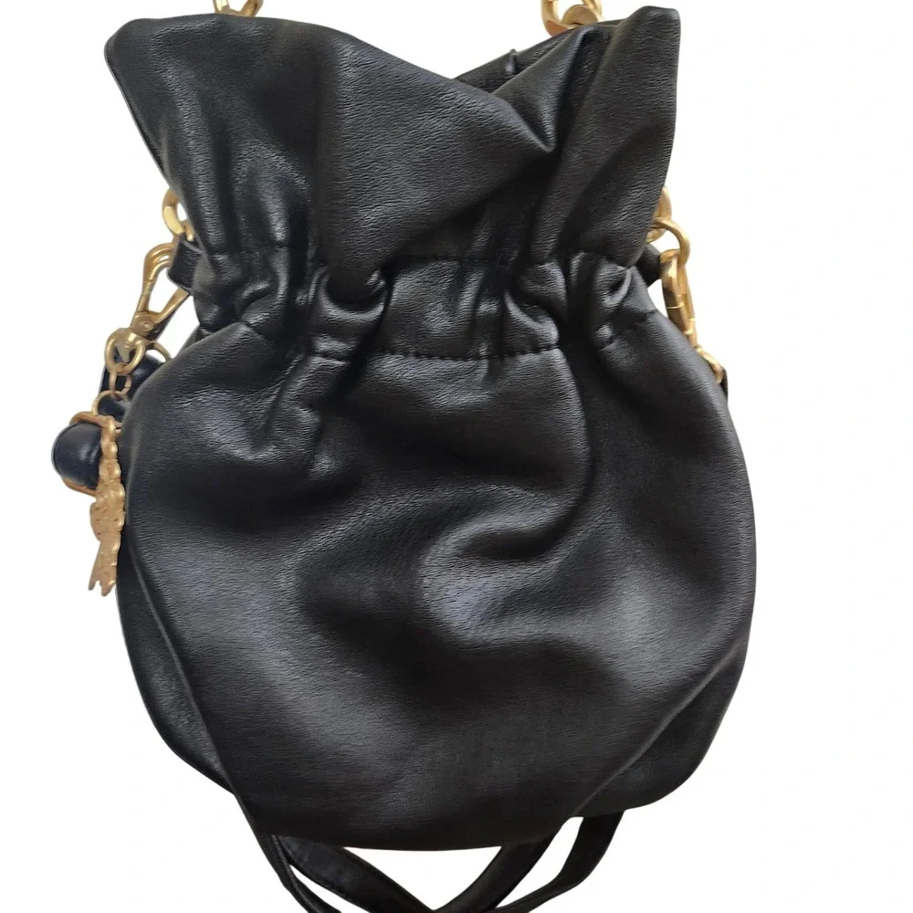 Jessica Simpson Black Faux Leather Bucket Bag Gold Chain Crossbody Designer Glam
